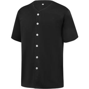 YWIES Mens Button Down Plain Baseball Jersey, Blank Softball Team Uniform, Hip Hop Hipster Short Sleeve Active Shirts (L, Black01)