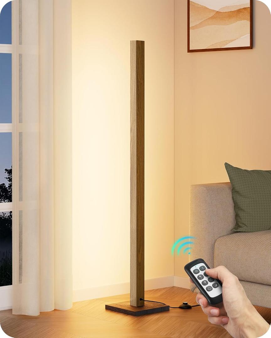 EDISHINE Wood LED Corner Floor Lamp, Modern Dimmable Light with Remote, Minimalist Standing Floor Lamps for Living Room, Bedroom, Office, 7 Color Temperature 2700~6000K, 48.43" (Natural)