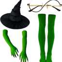 Witch Costume Accessory Set  Black Hat, Round Glasses, Green Claw Gloves & Matching Green Socks for Halloween, Cosplay & Dress-Up