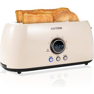 Toaster 4 Slice, KOTlAN Retro Long Slot Toasters with CountdownTimer,Stainless Steel Toaster,Bagel,Defrost,Reheat,Cancel Functions,Extra Wide Slots,6 Toast Settings,Removable Crumbs Tray,White