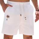 Men's Cotton Shorts Drawstring Waist Embroidered Tree Summer Vacation Beach Shorts (White, L)