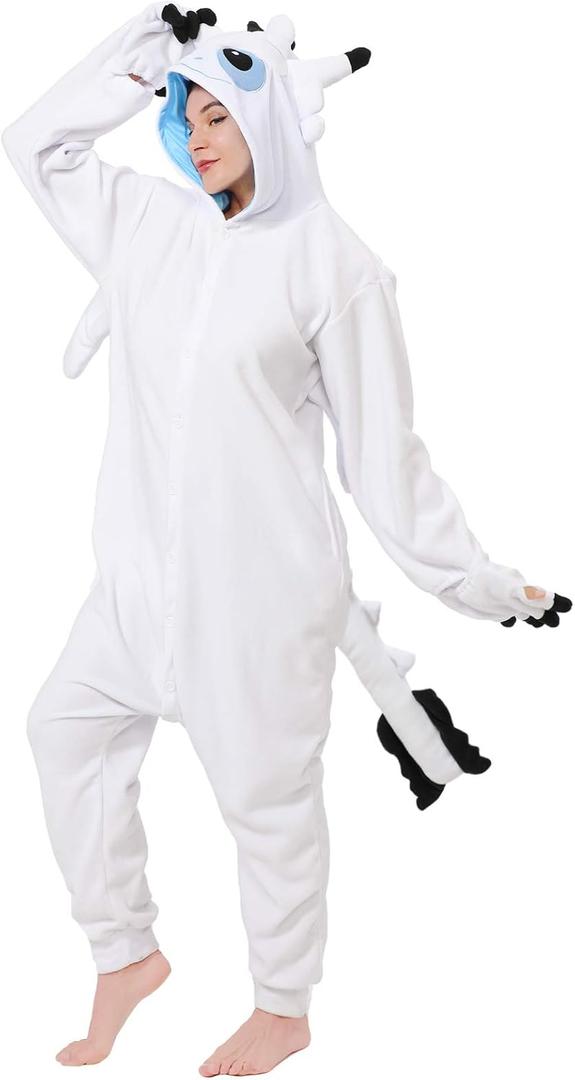 dressfan Animal Dragon Onesie Costume Halloween Cosplay Costume Christmas Pajamas for Unisex Adults Teens Black&White (Medium)