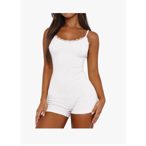 Lacozy Sexy One Piece Onesie Pajamas for Women Lace Trim Short Romper Pjs U Neck Sleeveless Bodysuit Summer Sleepwear, S