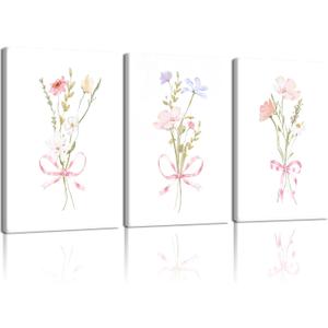 AUUAUU 3 Pcs Framed Watercolor Floral Wall Art Canvas Print Set, Modern Botanical Aesthetic Posters 16x24 Inch Pastel Pink Ribbon Flower Wall Decor for Girls Bedroom Nursery Living Room Kitchen
