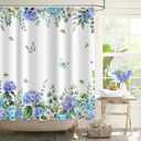 Floral Hydrangea Shower Curtain for Bathroom Decor, Blue Hydrangea Branches Butterfly Plants Curtain Set, Farmhouse Waterproof Fabric Shower Curtain with Hooks Machine Washable 72x72in