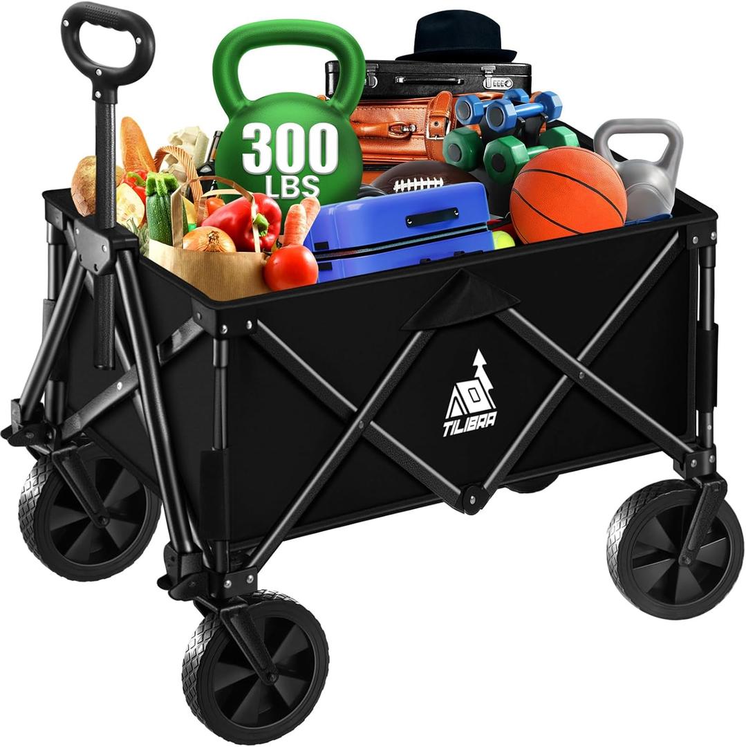 NBONEBS Collapsible Wagon Carts with Large Capacity, Utility Beach Wagons Duty, 300LBS Wagons Carts Heavy Duty Collapsible Wagon Outdoor for Camping, Garden, Sports, Picnic, Black-Ye2