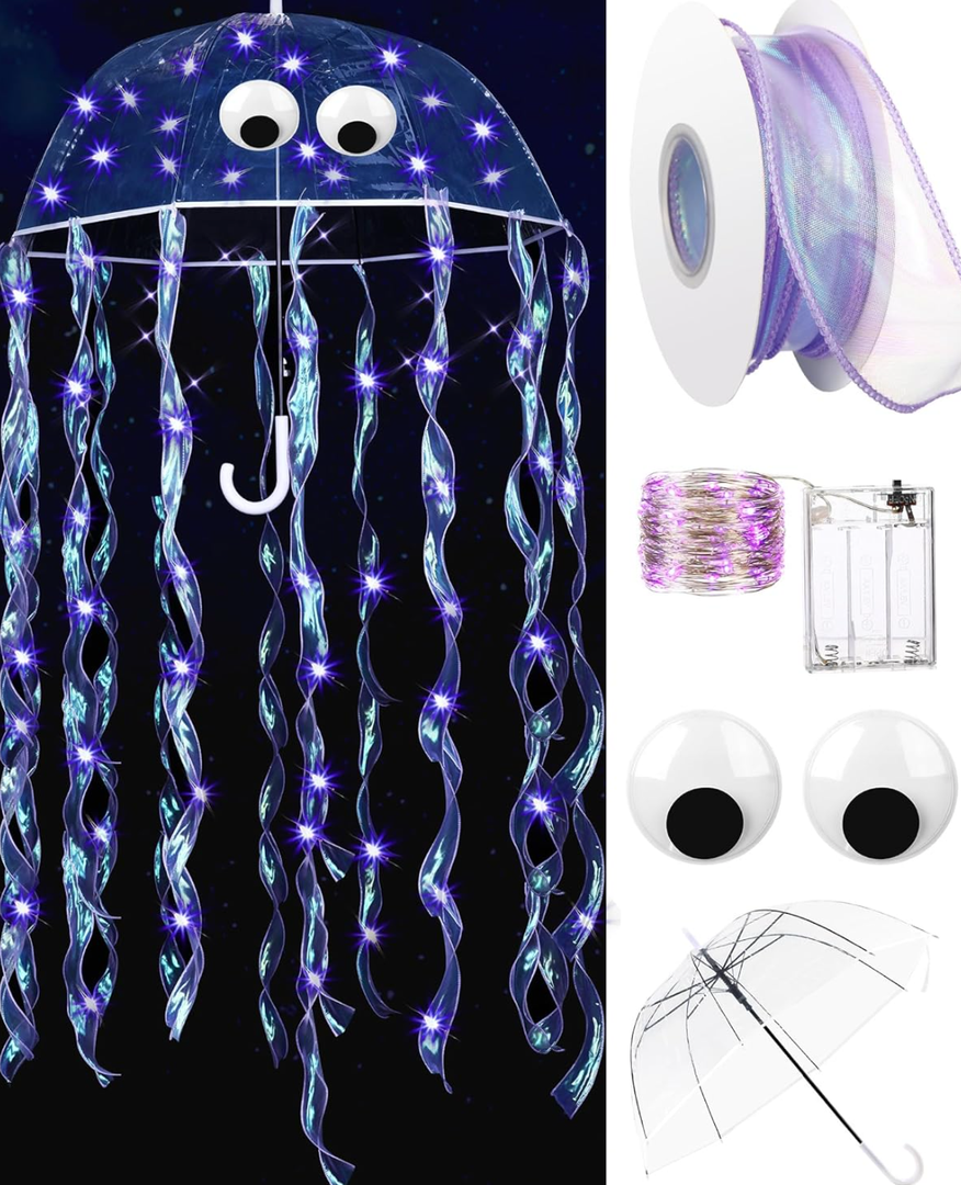 Paterr Halloween DIY Jellyfish Costume Set Including Clear Bubble Umbrella LED String Lights Ribbons Googly Eyes, Pack of 3