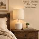 Ceramic Table Lamp, 17.75" Rustic Farmhouse Bedside Lamp with Beige Linen Shade, Warm Ambient Nightstand Lighting for Bedroom or Living Room, Off-White