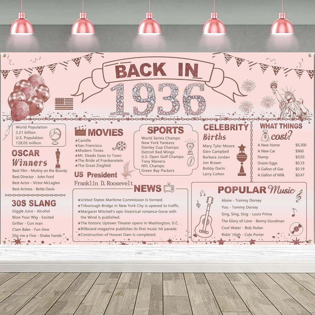 DARUNAXY Rose Gold 90th Birthday Party Decorations for Women, Back in 1936 Banner 90 Year Old Party Poster Supplies, 6x3.6ft Large Fabric Pink Vintage 1936 Backdrop Photography Background for Girls