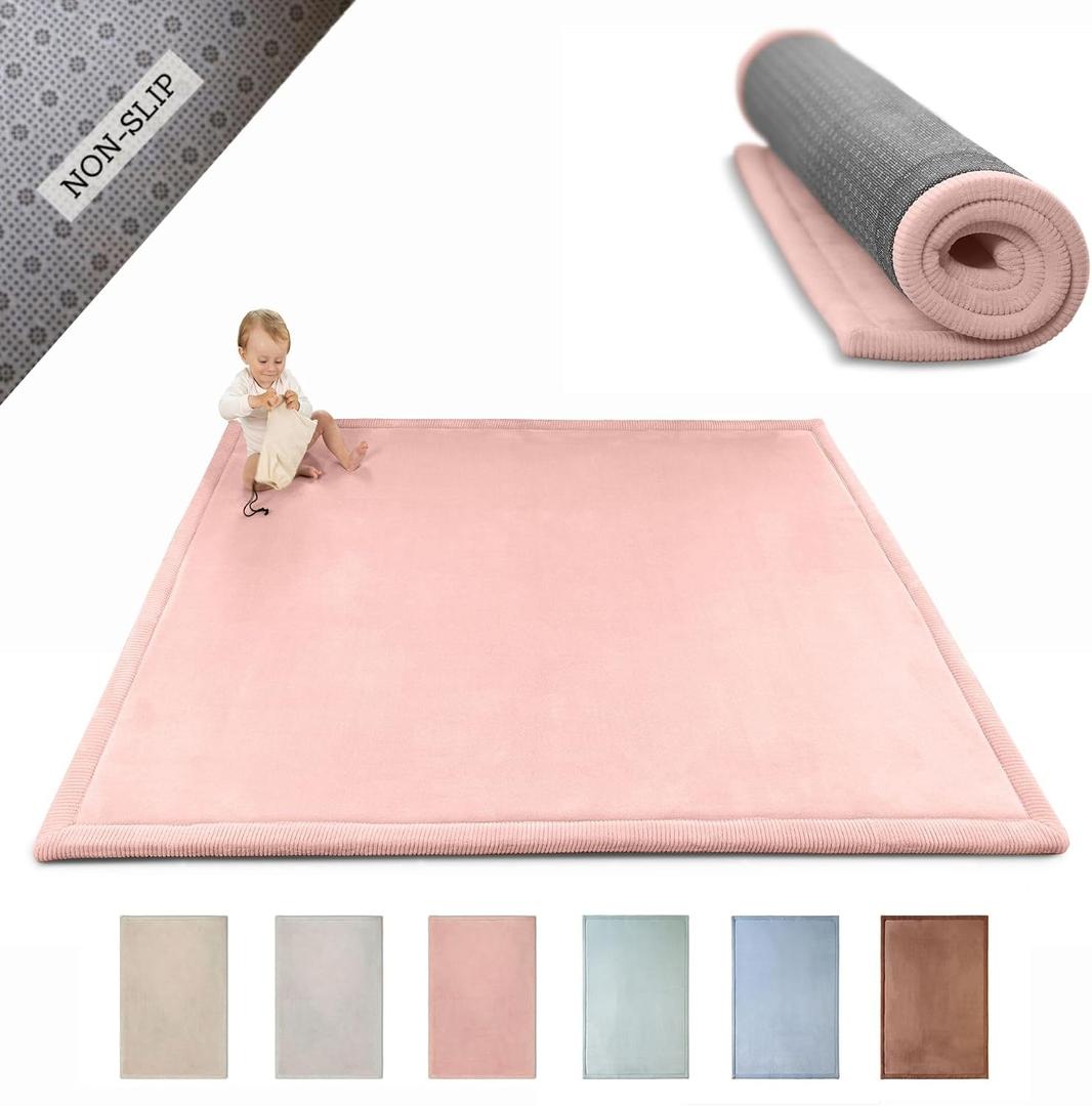 Stylish Coral Velvet Baby Play Mat 60" x 80" Pink Soft 1" Thick High-Density Memory Foam Nursery Rug Playmat for Floor with Non-Slip Backing for Crawling & Playing Non-Toxic, odorless Area Rug