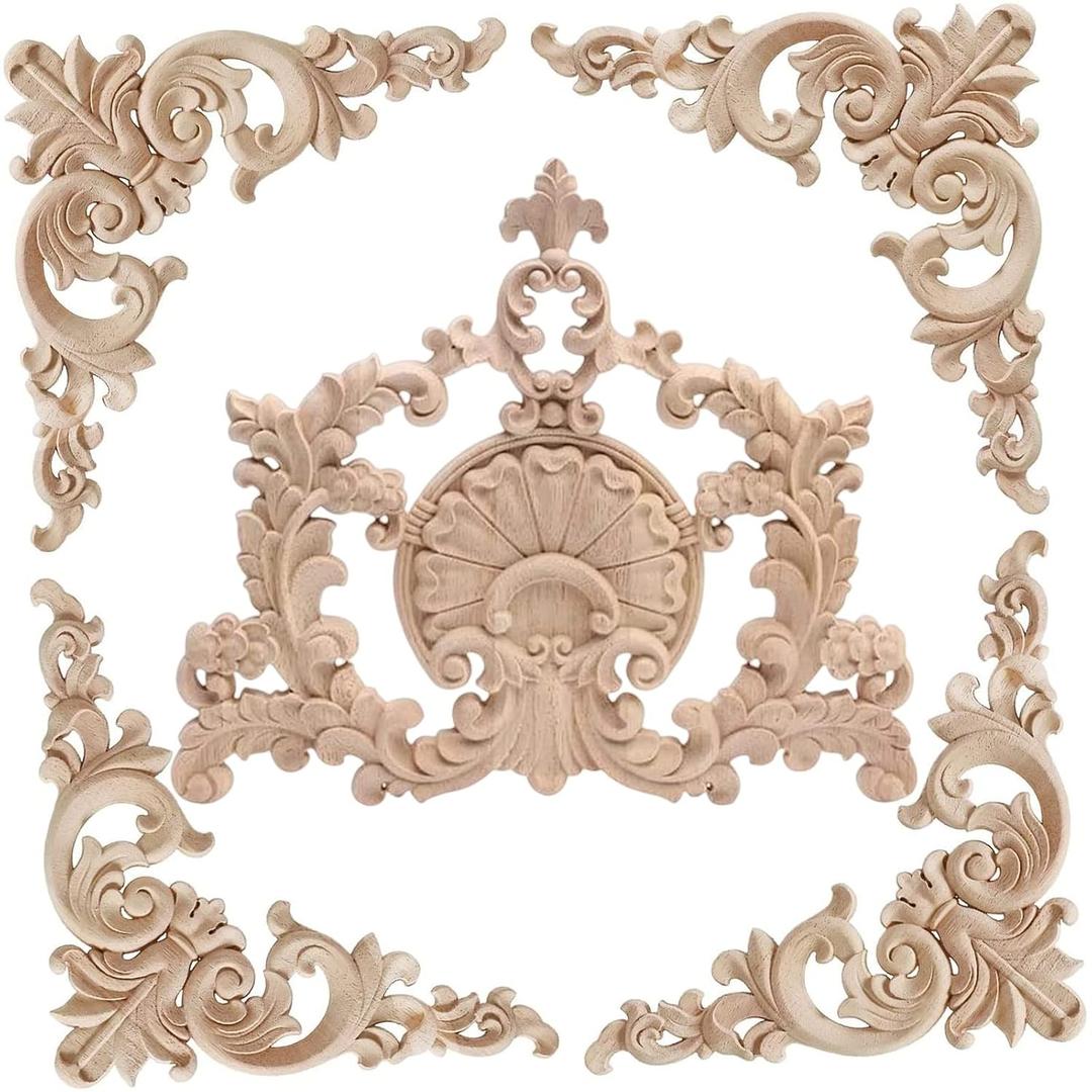 5PCS Wood Appliques Onlays Decorative for Furniture Bed Door Cabinet Wardrobe Unpainted Wood Carving Decoration,01