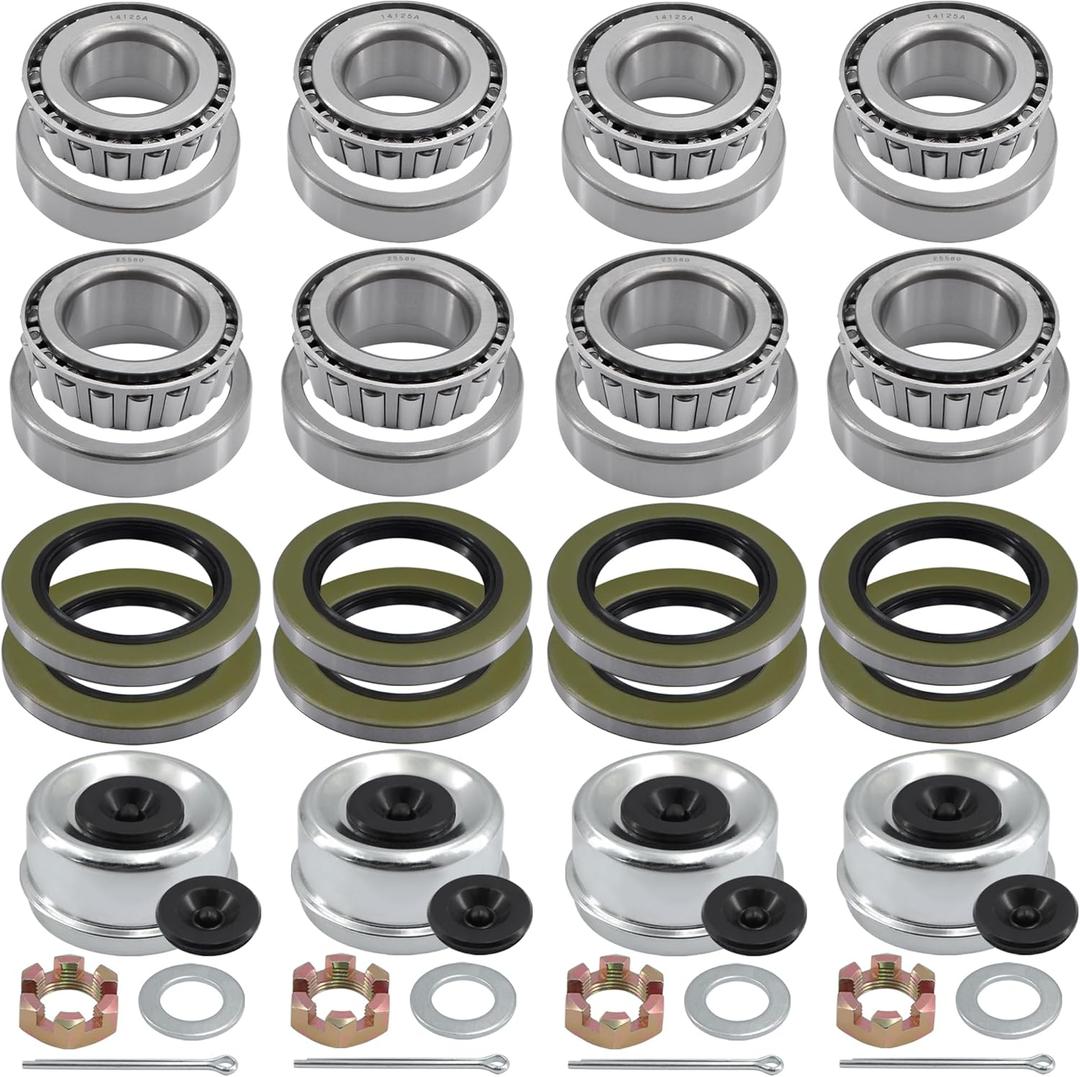 4 Sets 25580 14125A Trailer Bearings Kits,Spindle Nuts,Grease Seals,Cotter Pins,Washers for 5200-7000LB,2.72" Dust Caps and Rubber Plugs