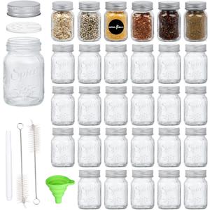 30 Pack 4oz Glass Mason Spice Jars Bottles, Empty Round Containers with Silver Airtight Metal Caps and Pour/Sift Shaker Lid
