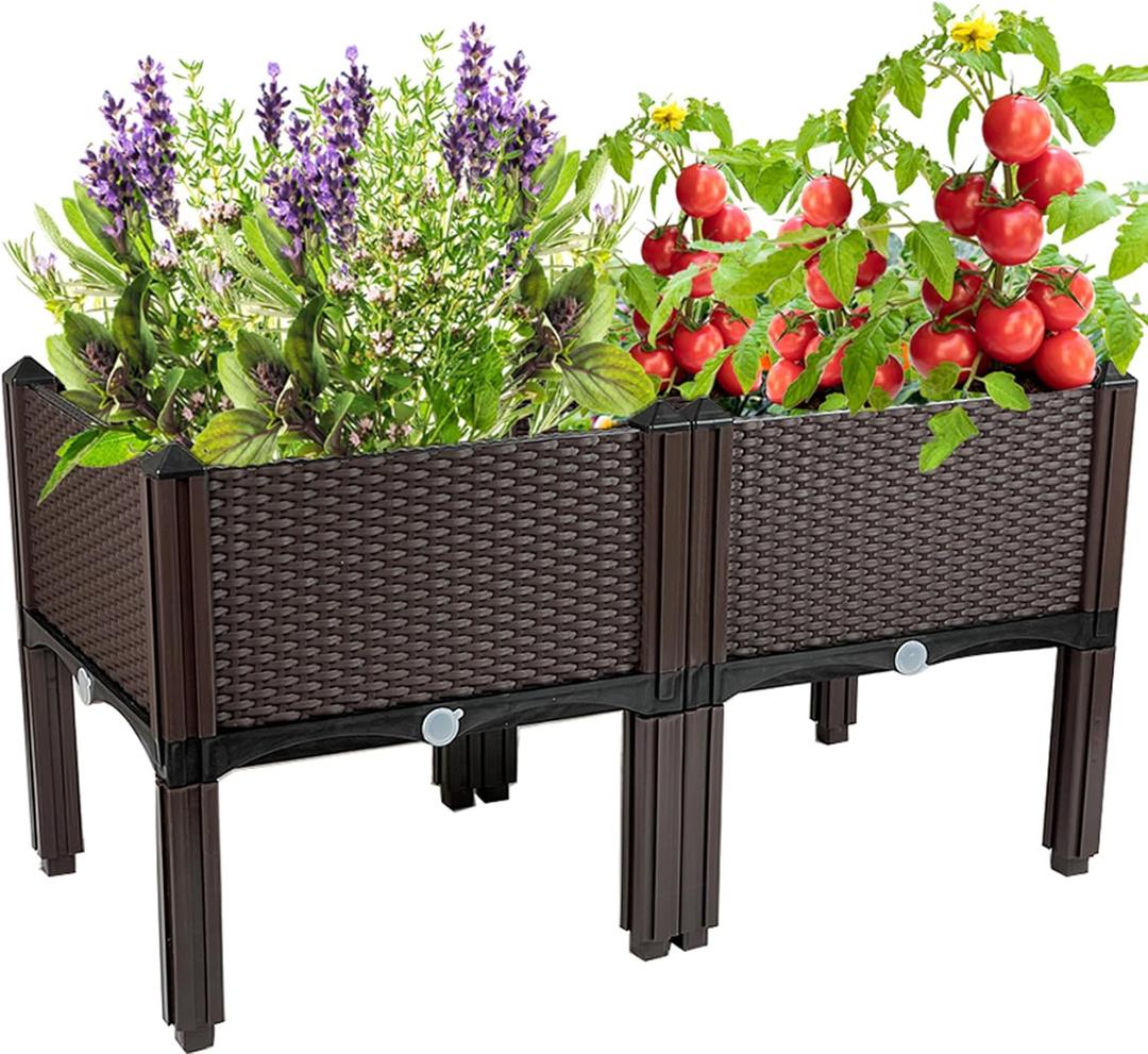 Raised Garden Bed with Legs Plastic Elevated Planters for Outdoor Plants Box Kits for Garden Patio Deck Balcony with Drainage Holes to Planting Flowers, Vegetables, Tomato and Herbs (31.5"(l)x16"(w)x17.3"(h)/Brown)