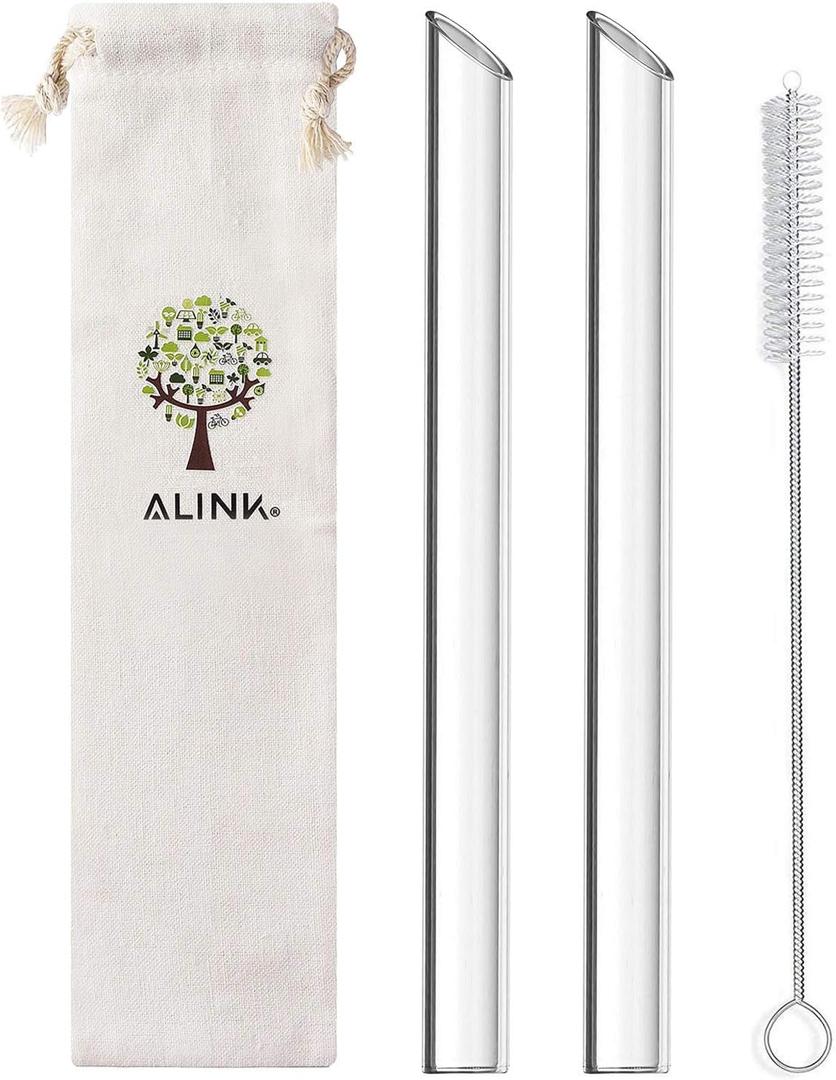 ALINK Reusable Glass Boba Straws, 14mm Extra Wide Clear Straws for Smoothies, Bubble Tea, Pack of 2 with Carrying Case and Cleaning Brush