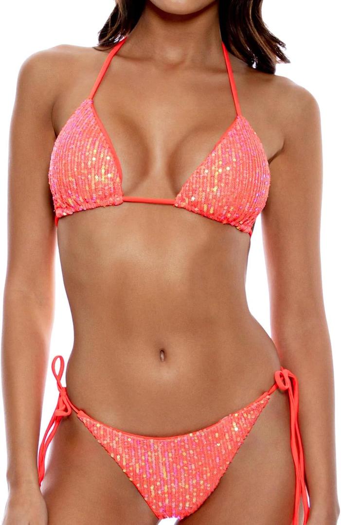 Women's Triangle Sequin Bikini Set Brazilian Halter String Backless Tie Side Thong Two Piece Swimsuit Bathing Suit (6-8, Coral Pink)