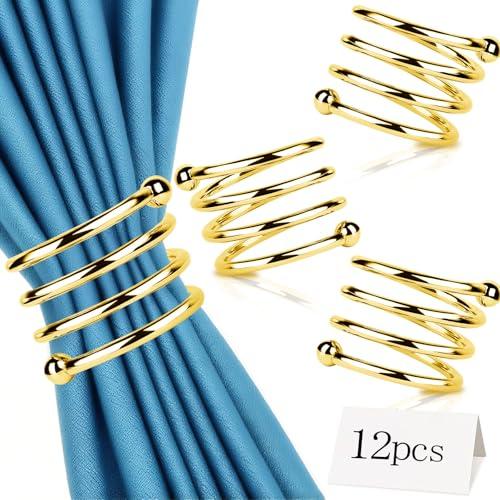 Stainless Steel Napkin Rings Metal Napkin Ring Holders, Yimerlen Holder Serviette Buckles for Family Dinner, Wedding, Party (Give Name Thank You Cards) Spiral Gold 12 Pcs