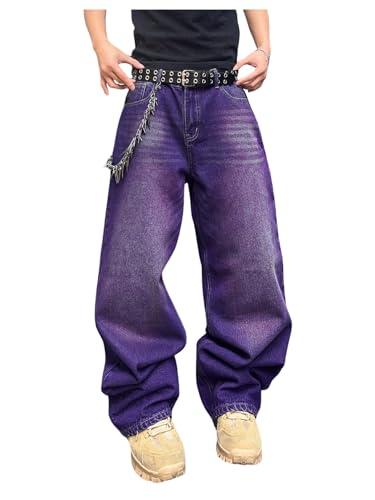 SHENHE Men's Wide Leg Jeans Vintage Baggy Jeans Casual Loose Fit Denim Pants with Pockets Purple Medium
