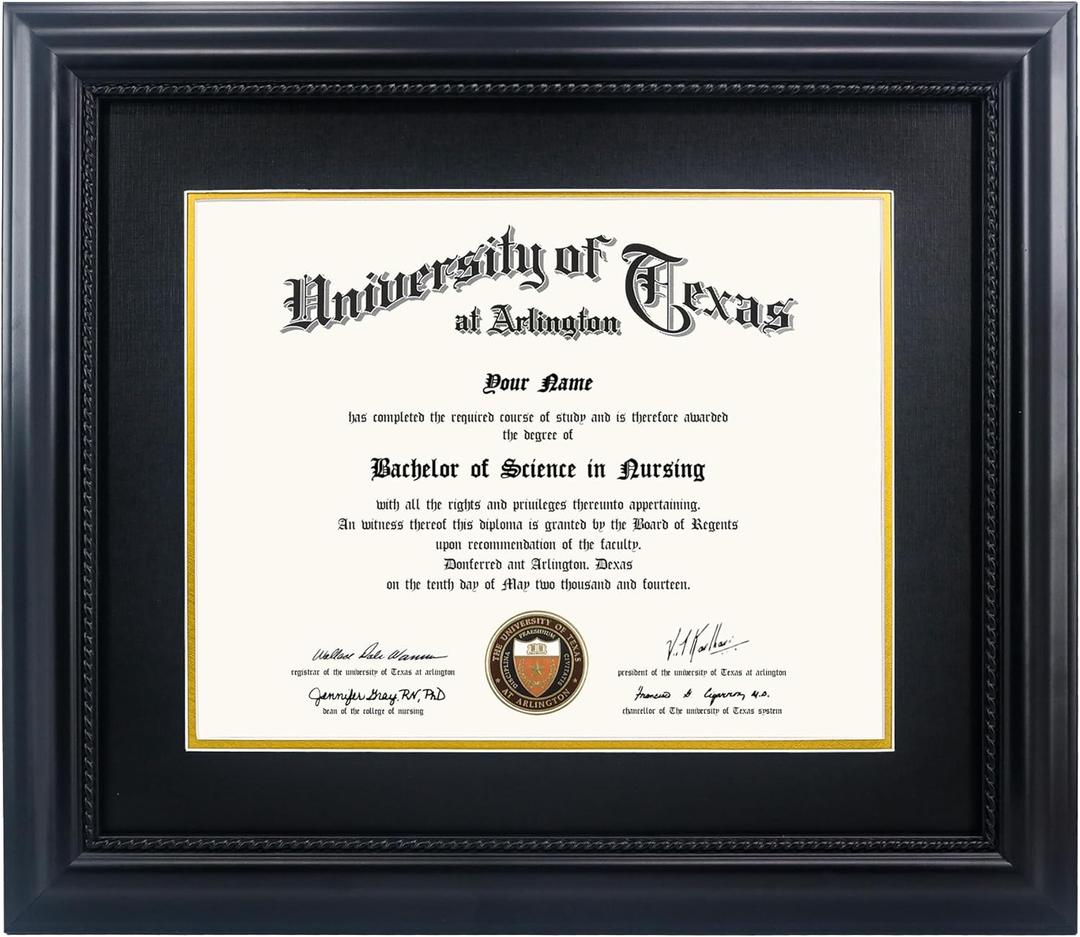 11x14 Diploma Degree Frame with Mat or Display 15x18 Certificates without Mat,Solid Wood,Black Finish with Intricate Black Rope Detail,UV Protection Acrylic