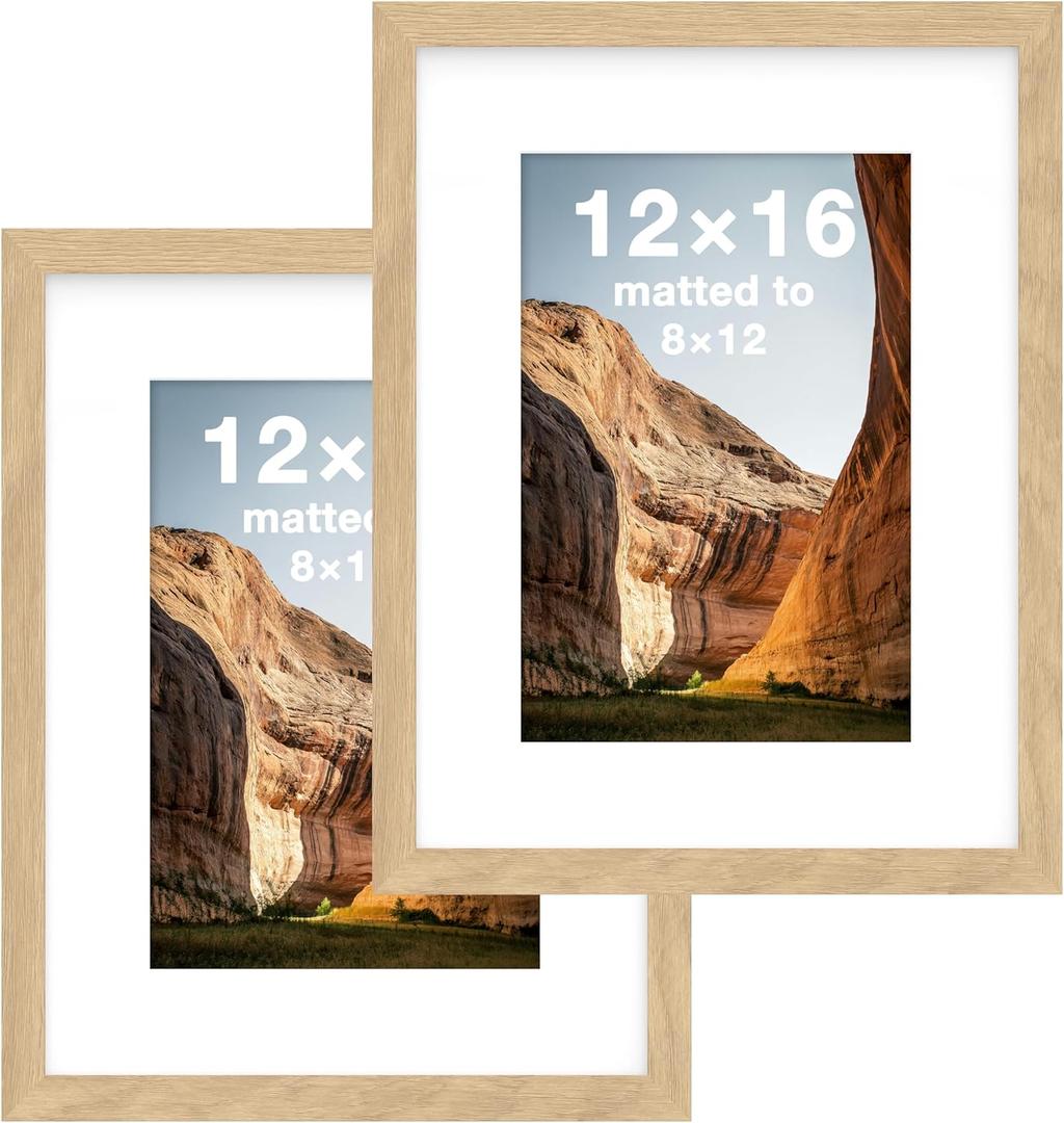 FrameWorks 12x16 mat to 8x12 Classic Wooden Picture Frames With Tempered Glass | Natural Oak | 1-Pack