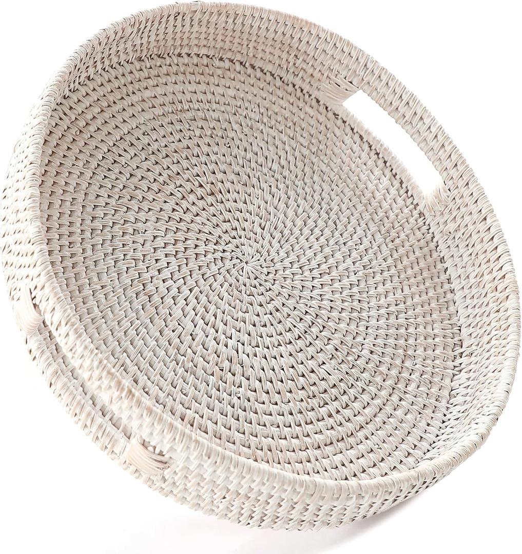HITOMEN 14.2" Hand-Woven Round Rattan Serving Tray Decorative Ottoman Wicker Platter with Handles for Coffee Table, Breakfast, Drinks, Snack, Bread, Fruit, Vegetables (Whitewash-L)