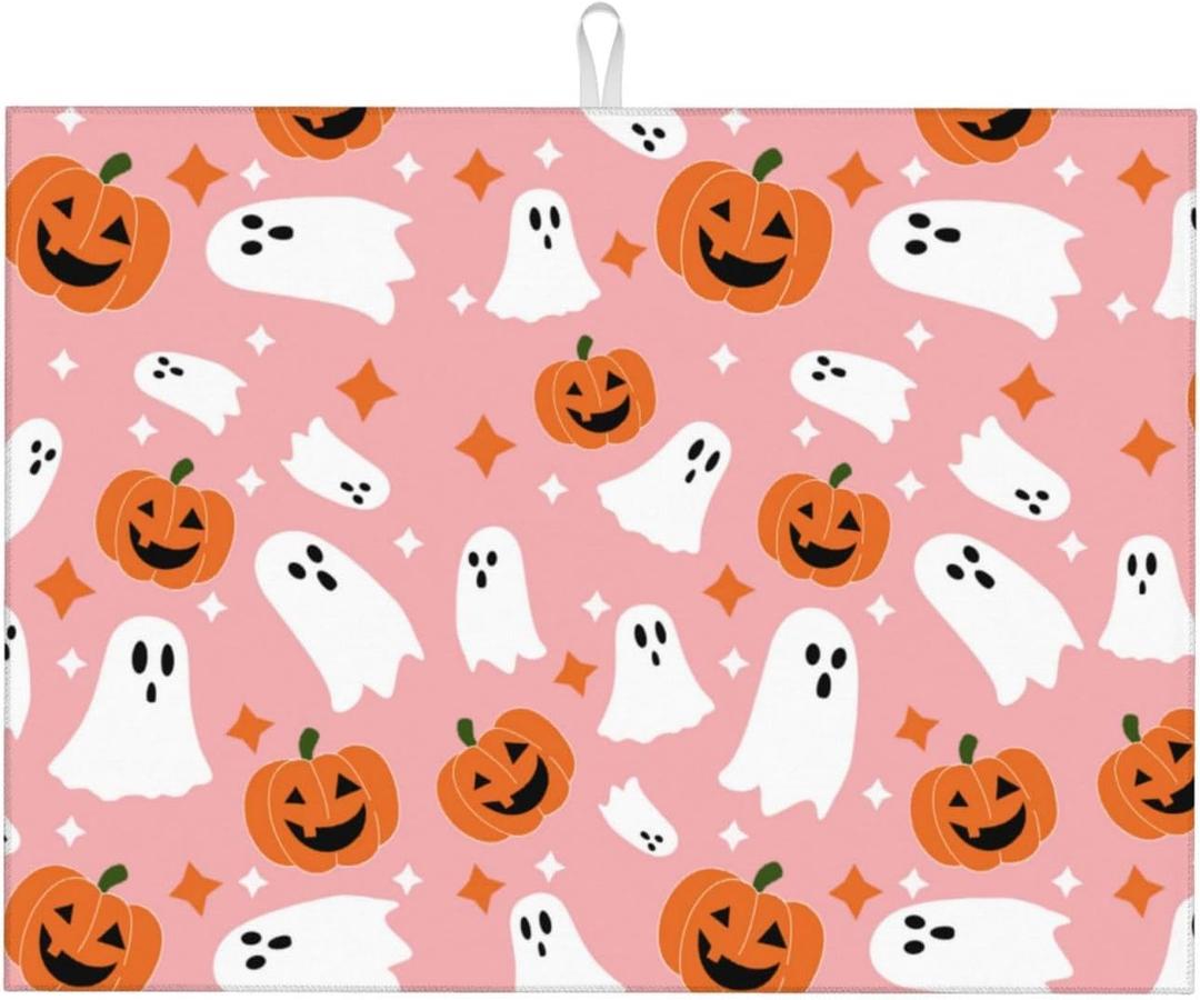 Halloween Dish Drying Mat for Kitchen Counter Ghost Pumpkin Drying Pad for Dishes 18 x 24 Inch Absorbent Washable Coffee Bar Mat Decor