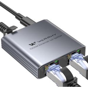 WARRKY Ethernet Splitter 1 to 2, 1000Mbps High Speed LAN Splitter, [0.55inch Ultra Slim, Integrally Molded Aluminum Case] Gigabit Ethernet Switch 2 port with USB-C Power Cable, for Cat5/5e/6/7/8 Cable
