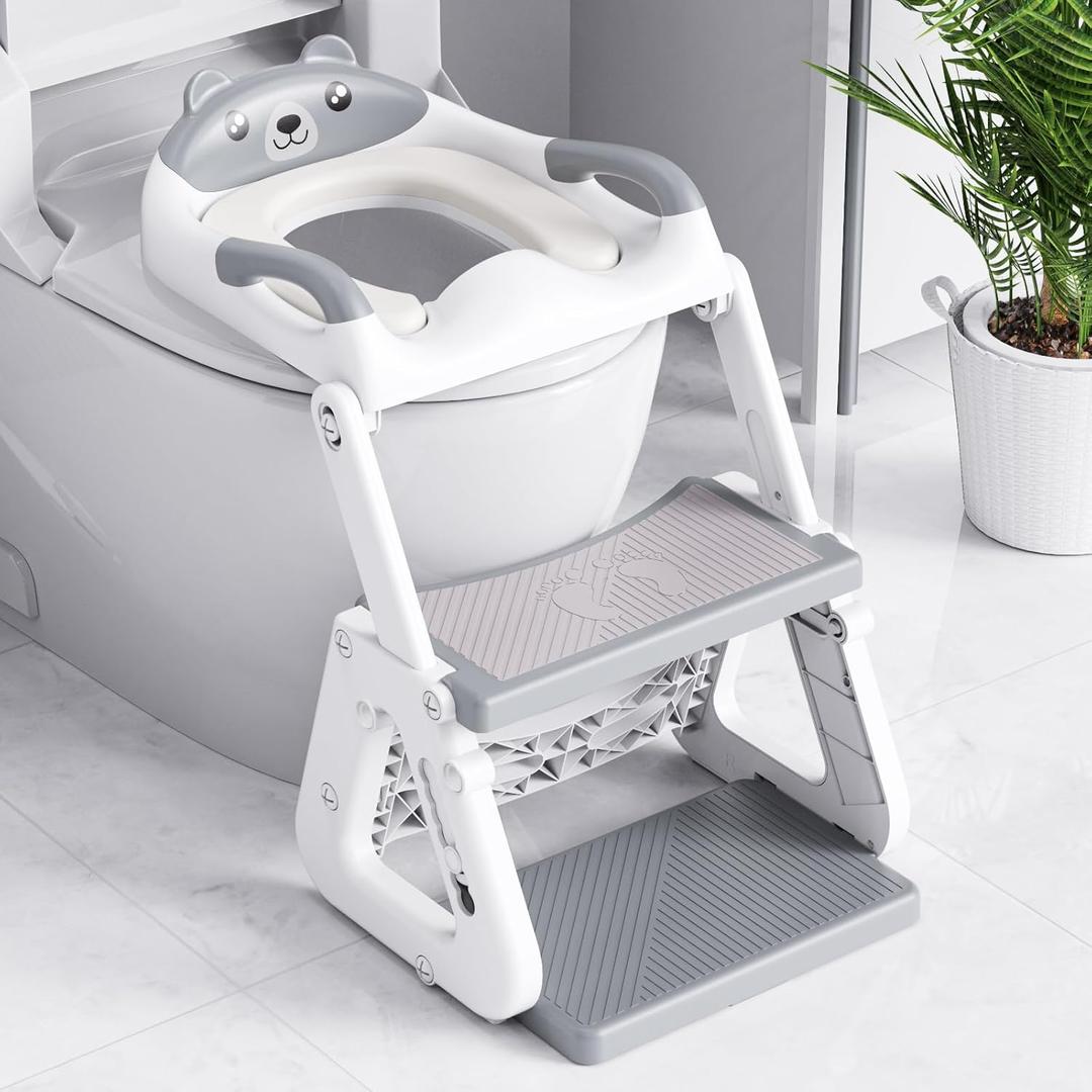 Orzbow Potty Training Seat | Upgrade Toddler Potty Training Toilet with Step Stool, 2-in-1 Stability Toilet Seat for Boys Girls | with Splash Guard, Anti-Slip Pad, Ladder, and Height Adjustable, Grey
