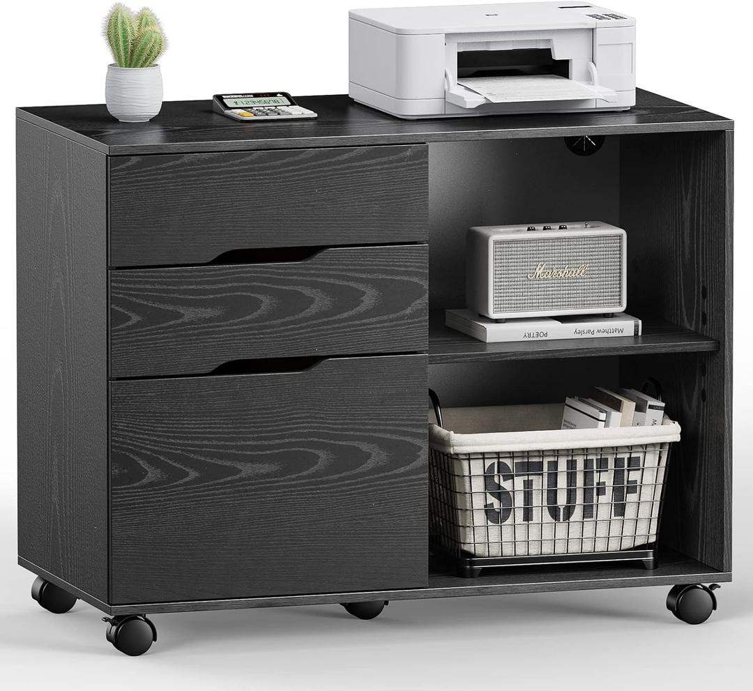File Cabinet with 3 Drawers, Mobile Lateral Filing Cabinet with Open Storage Shelves for Home Office Under Desk Storage, Black