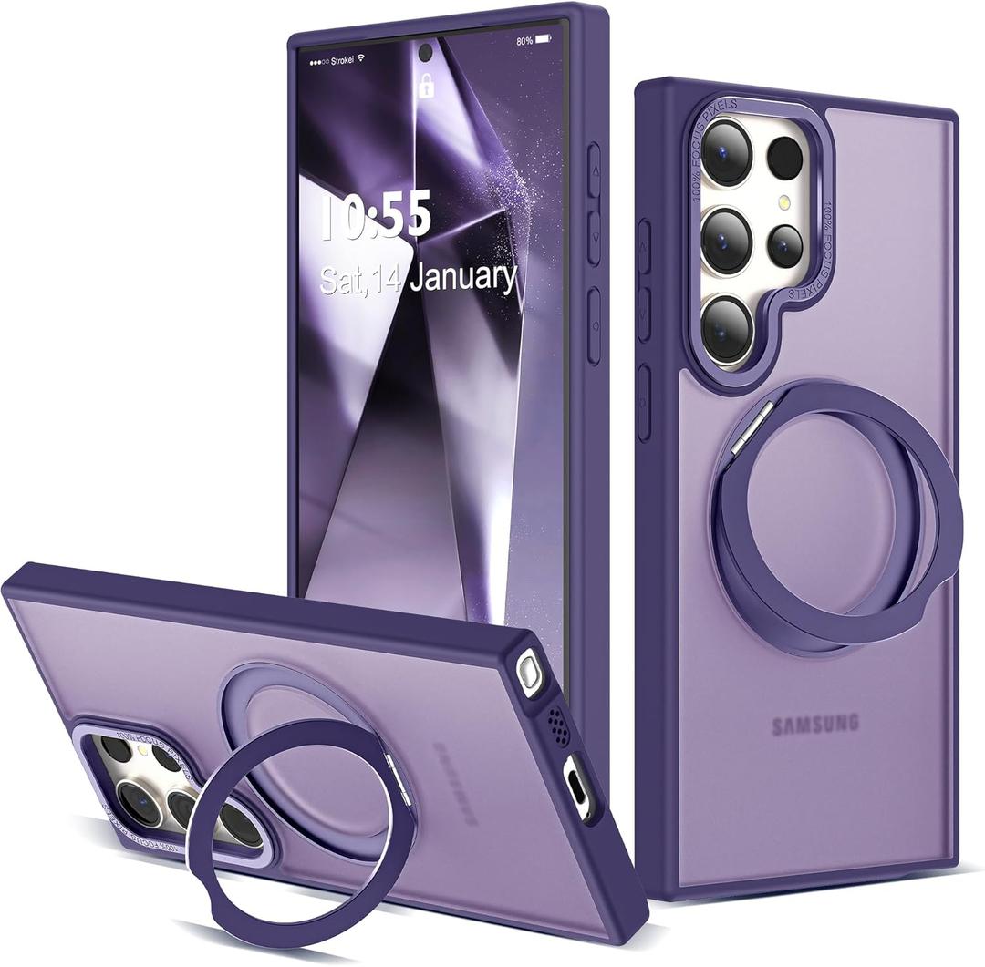 Compatible with Samsung Galaxy S24 Ultra Case with 360Rotatable Magnetic Ring Stand Compatible with Mag-Safe Military Protection Matte Translucent Phone Cases for S24 Ultra 6.8",Dark Purple