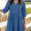 Dokotoo Denim Dress for Women Short Puff Sleeve V Neck Solid Babydoll Jean Dresses
