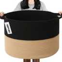 115L Extra Large Blanket Basket,Woven Rope Laundry Basket Hamper with Handles, Decorative Nursery Basket Storage Bin for Toys, Clothes Organizer, Living Room, Bedroom, Bathroom, Black&Camel