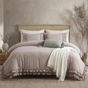 Bedorm Taupe Duvet Cover Set King Ruffle Bedding Set Pleat Ruffled Shabby Chic Comforter Cover Extra Soft & Easy Care Boho Duvet Cover with Zipper Closure