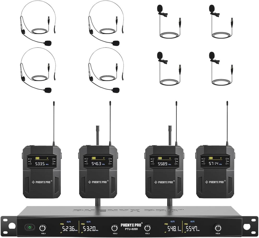 Phenyx Pro Wireless Microphone System, 4-Channel Wireless Mic Set w/ 4 Bodypacks and Headsets/Lapel Mics, 4x25 UHF Frequencies, 200ft Coverage, Cordless Microphone for Singing, Church (PTU-5200-4B)