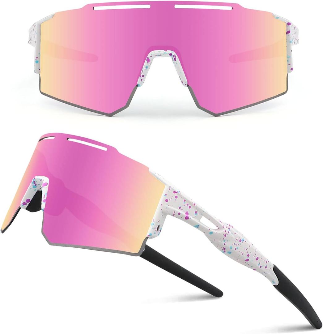 Ukoly Cycling Sunglasses for Men Women with 3 Interchangeable Lenses, Polarized Sports Sunglasses, Baseball Sunglasses (1 Lens/Pink)