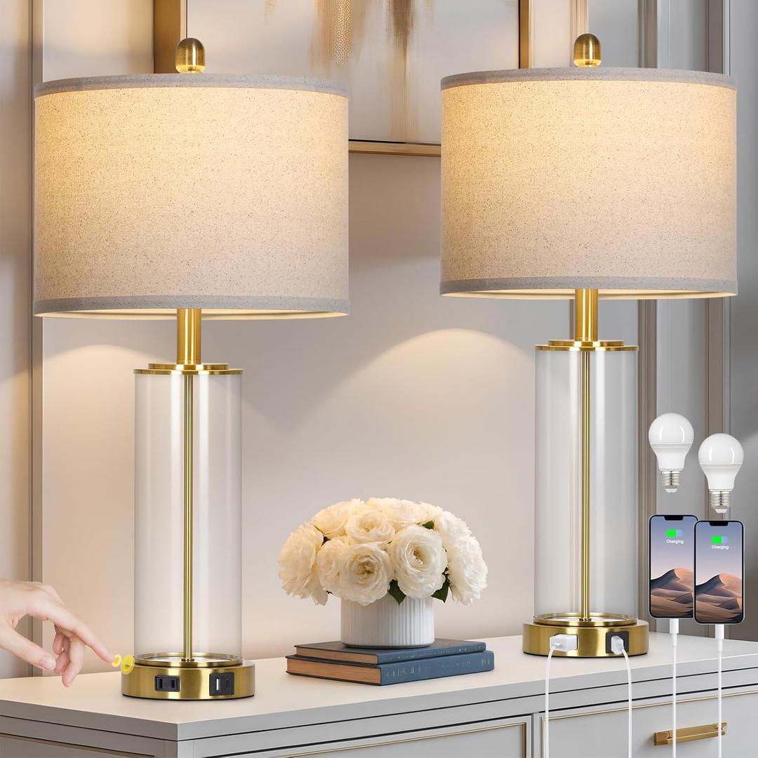 26" Gold Glass Table Lamps Set of 2, 3-Way Dimmable Touch Control Living Room Lamp with USB C+A Ports & AC Outlet, Modern Bedside Lamps, Elegant Bedroom Lamps for Nightstand Side End Table Desk