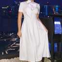 Memoriesea Women's Elegant Casual Short Sleeve Work Party A-Line Dress with Pockets (White, M)