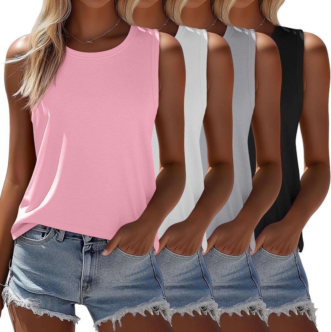Ficerd 4 Pack Women's Sleeveless Tops, Casual Summer Loose Fit T Shirts Solid Color Tunic Tank Tops Ladies' Crew Neck (Black, Light Gray, Pink, White, Small)