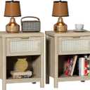 Rattan Night Stand Set of 2 Farmhouse Black Side Table with Drawer and Storage Shelf Boho Bedside Table for Bedroom End Tables (2, Light Oak)