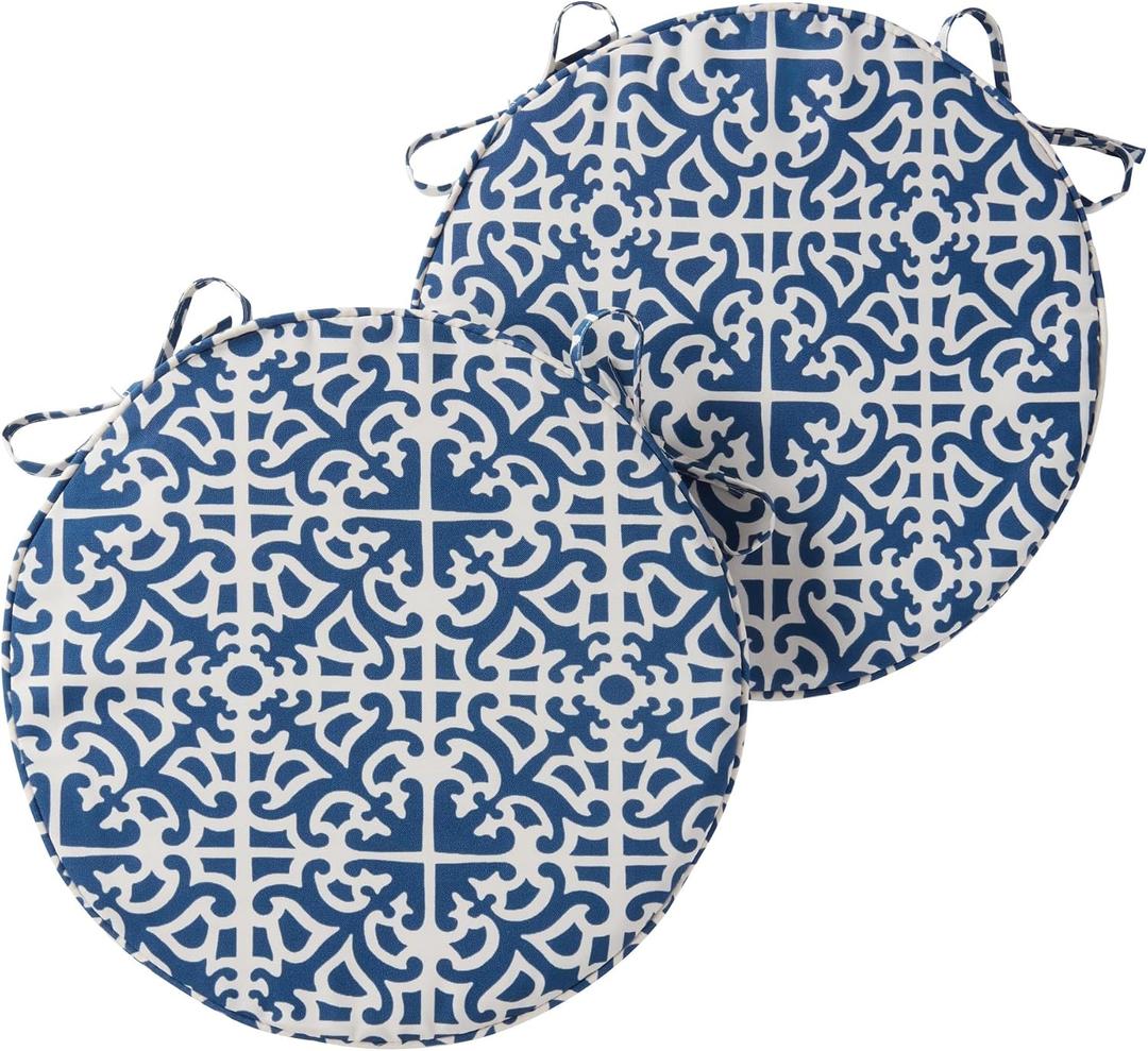 Set of 2 Outdoor 18 inch Round Patio Dining Chair Pads – Comfortable Fiber-Filled Seat Cushions with Ties, Reversible Polyester Fabric, Indigo Blue Lattice, 18" x 18" x 2.5"