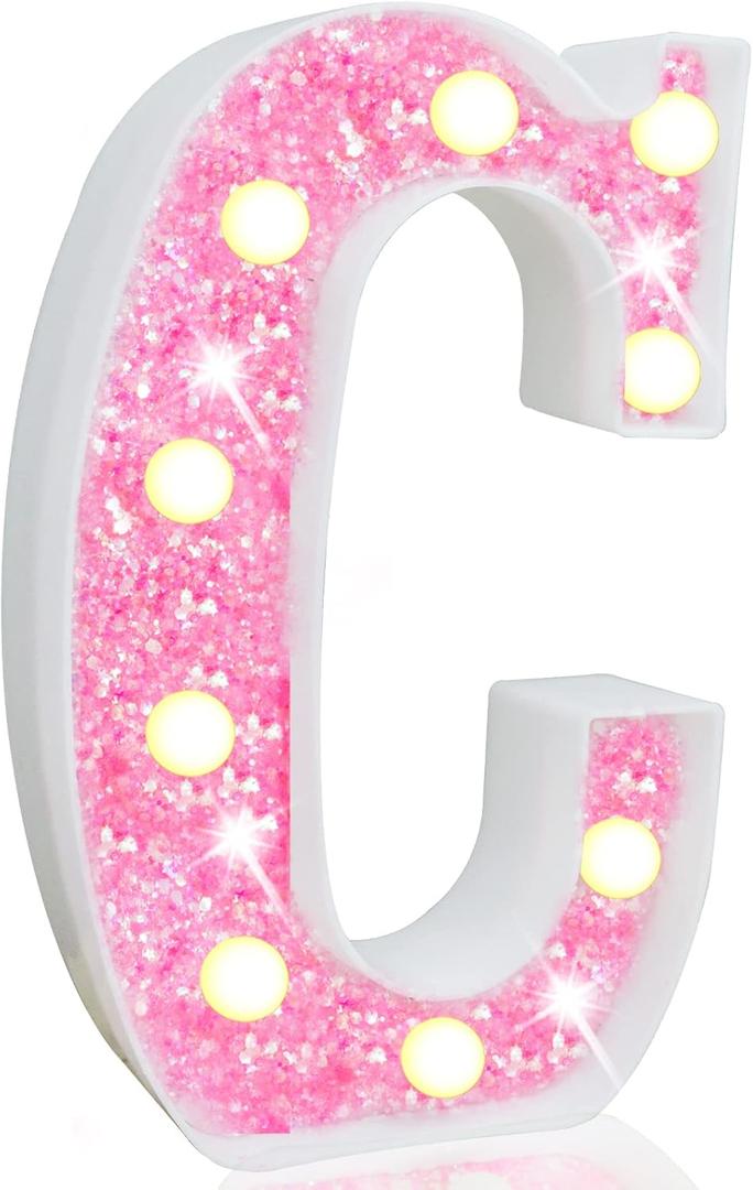 Pooqla LED Marquee Letter Lights, Pink Glitter Alphabet Sign Battery Powered Night Light, Birthday Party, Wedding, Girls Gifts, Home Bar, Christmas Decoration, Pink Letter C (Warm White)