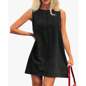 Milumia Women's A-Line Sleeveless Crew Neck Denim Dress Loose Casual Mini Jean Dresses, Black, L