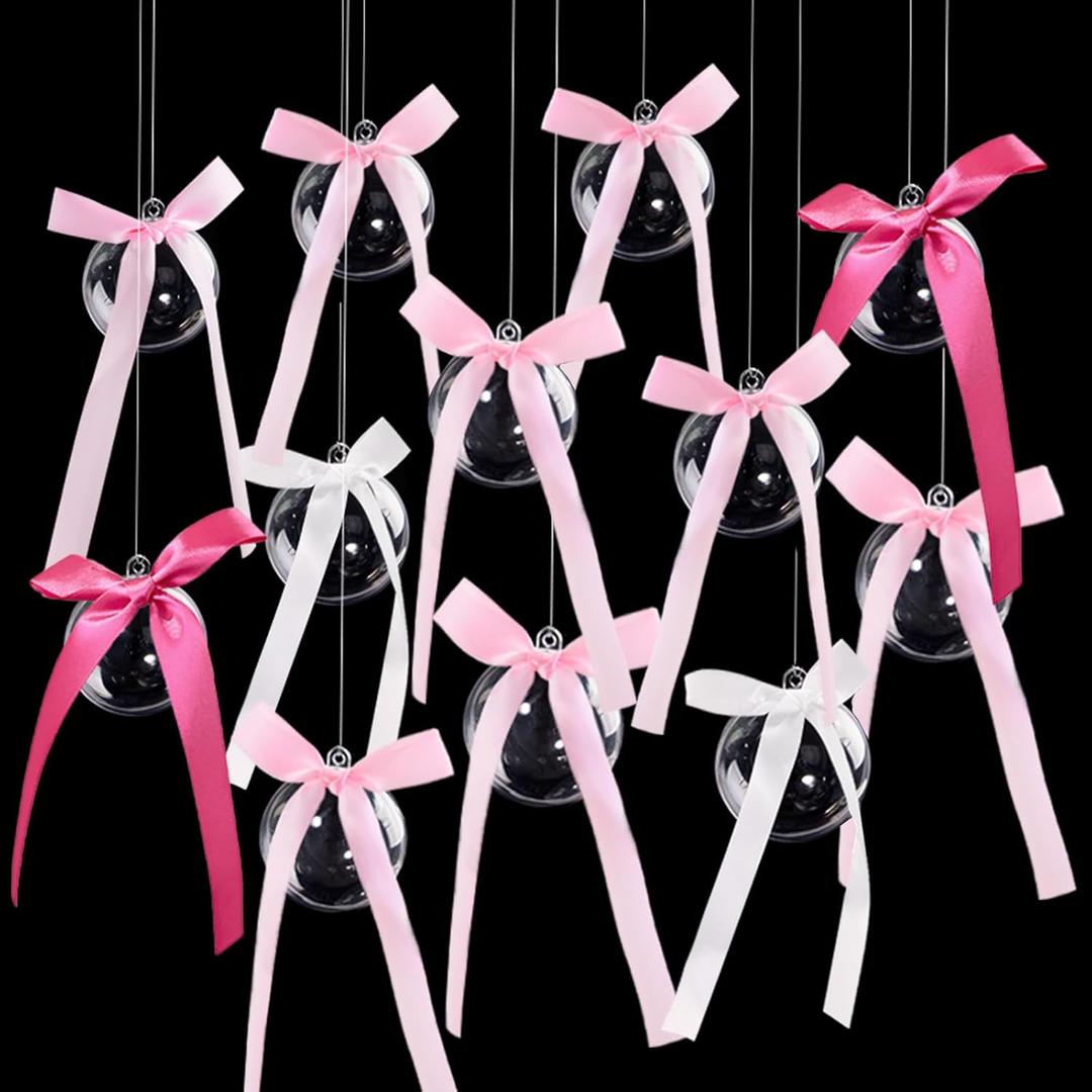 Pink Bow Party Hanging Decorations, Coquette Birthday Hanging Garland, 20 Sets Clear Balls & Bows for DIY Girls Bows Birthday Decorations, Tying The Knot Bridal Shower Baby Shower Decor