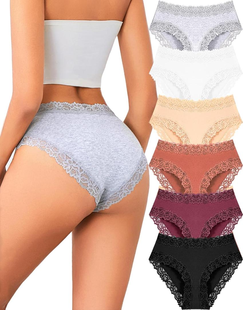 Womens Cotton Underwear Cheeky Bikini Panties for Women Sexy Lace Briefs Soft Stretch Underwear Pack 6 (Large)