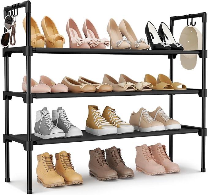 LANTEFUL 3 Tier Shoe Rack for Closet Shoe Organizer with 5 Hooks, Long Shoe Shelf Storage for Shoe and Boot Stackable Free Standing Shoe Rack for Entryway, Garage, Small Spaces, Dorm, Brown