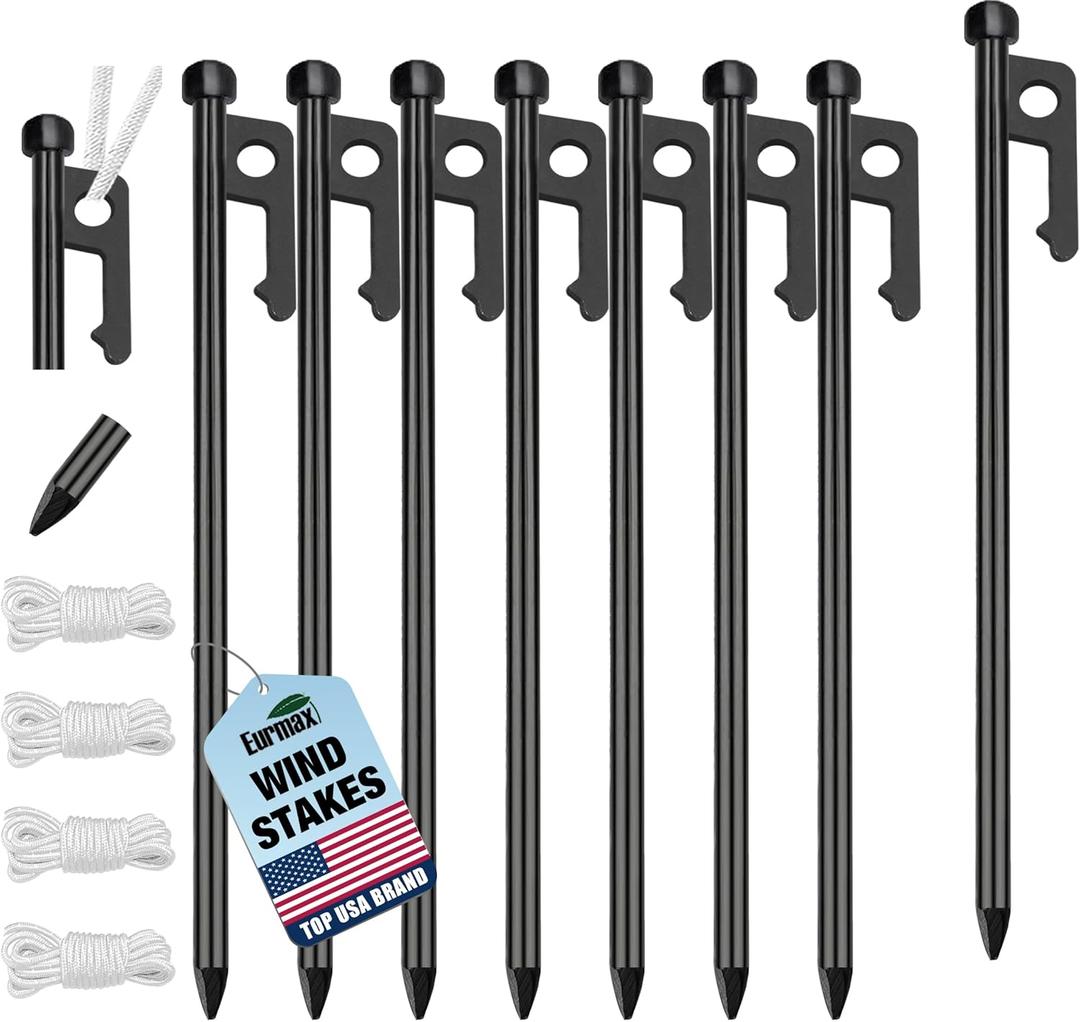 Eurmax USA 8-Pack Secure Protection Galvanized Tent Stakes,Rust-Proof Steel Canopy Anchors for High Winds,Heavy Duty Commercial Ground Pegs for Camping,Pop Up Tent&Gazebo - Includes 4x10ft Ropes,Black