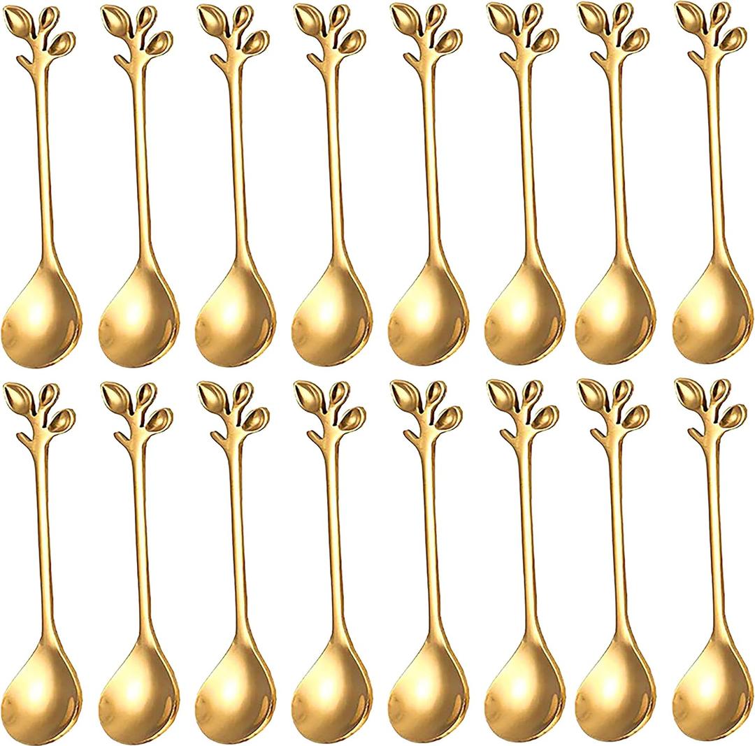 Comicfs 16 Pcs 4.7" Stainless Steel Gold Leaf Coffee Spoon-Creative Tableware Dessert Spoons, Stirring, Mixing, Sugar, Stir, Ice Cream, Cake, Teaspoon Set (16 Spoons, Gold)