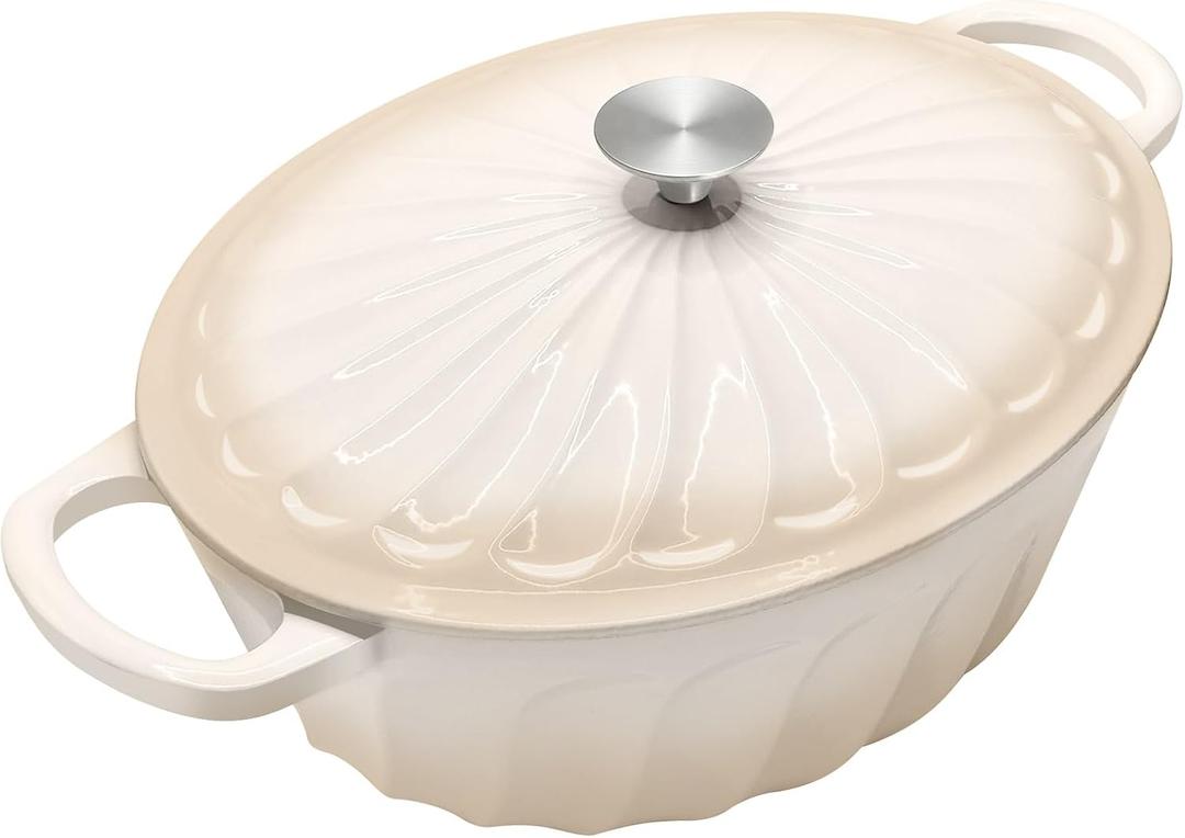 Enameled Oval Dutch Oven Pot with Lid, 7 QT Cast Iron Dutch Oven with Dual Handles for Cooking, Bread Baking, Frying, Non-stick Enamel Coated Oven (Caramel White)