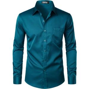 ZEROYAA Men's Urban Stylish Casual Business Slim Fit Long Sleeve Button Up Dress Shirt with Pocket (Medium, Teal)