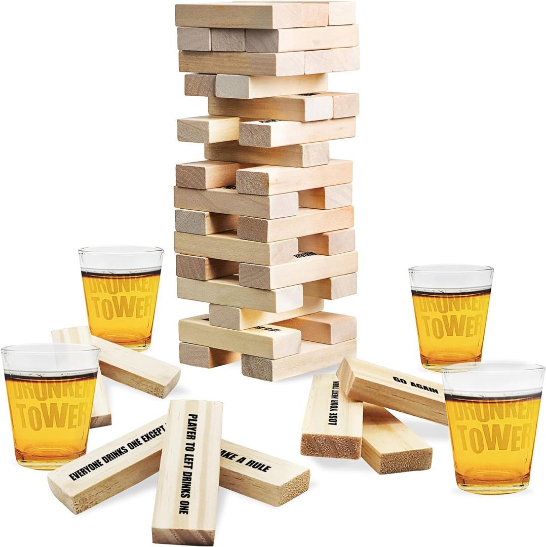 ArtCreativity Tumbling Tower Drinking Games for Adults, with 4 Glasses and 60 Wooden Blocks with Challenges, Fun House Adult Party Games for Game Night, Great Gift Idea for Everyone